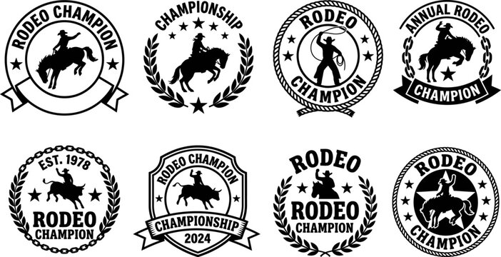 Black and white rodeo champion logos and badges with cowboys and horses  various designs