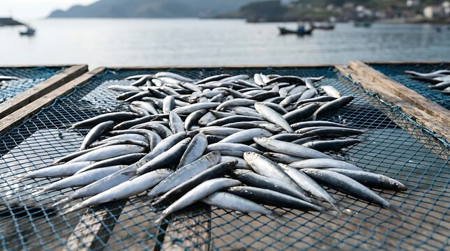 Freshly caught small silver fish drying on a blue fishing net at a coastal harbor with calm sea water and distant boats in the background scenery