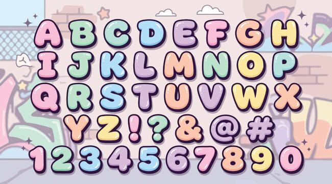 Pastel pop bubble alphabet with symbols and numbers