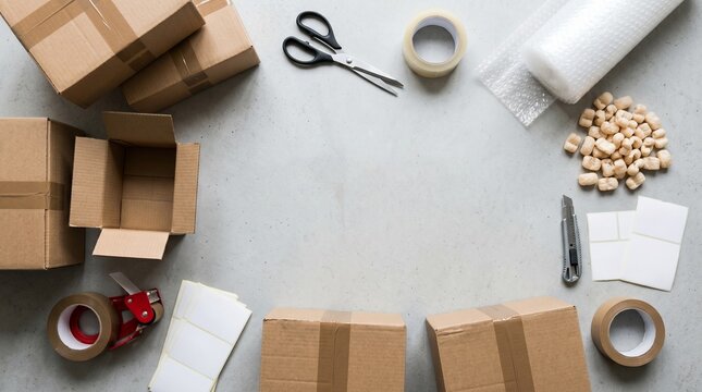 Cardboard boxes and shipping supplies arranged around a central space on a grey surface for moving or delivery