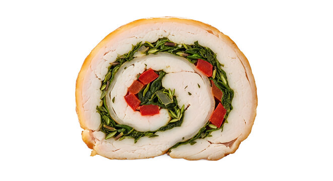 Delicious Savory Chicken Roulade Slice with Spinach and Red Pepper Filling on White Background