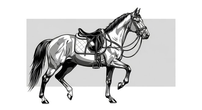 Realistic monochrome western saddle walking horse.