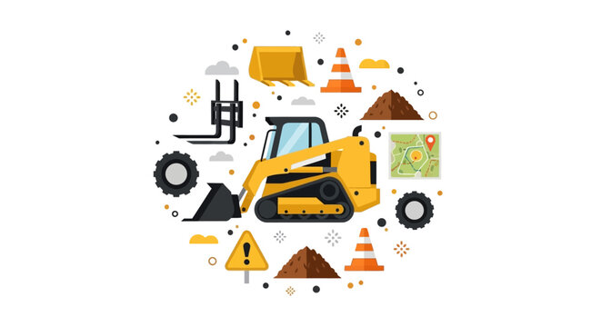 Flat Vector Illustration of Skid Steer Loader with Construction Site Icons and Equipment Elements Isolated on White Background
