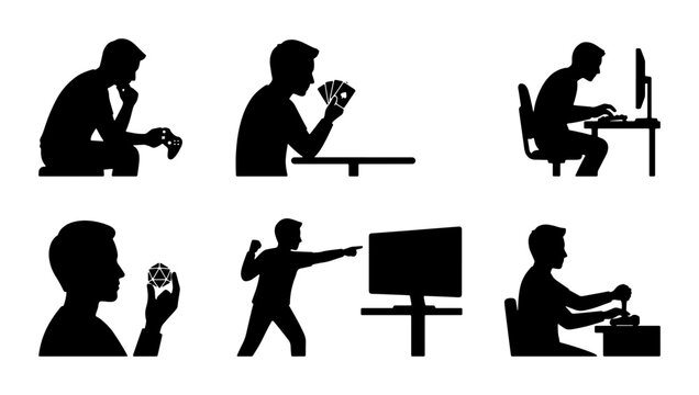 Silhouette Icons: Man Playing Video Games, Holding Cards, Using Computer, Throwing Ball, Operating Machine, and Holding Dice