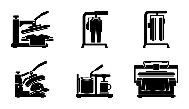 Heat Press Machine Icons Set, T-Shirt Press, Cap Press, Mug Press, Sublimation Equipment, Custom Apparel Printing Tools, Vector Graphics