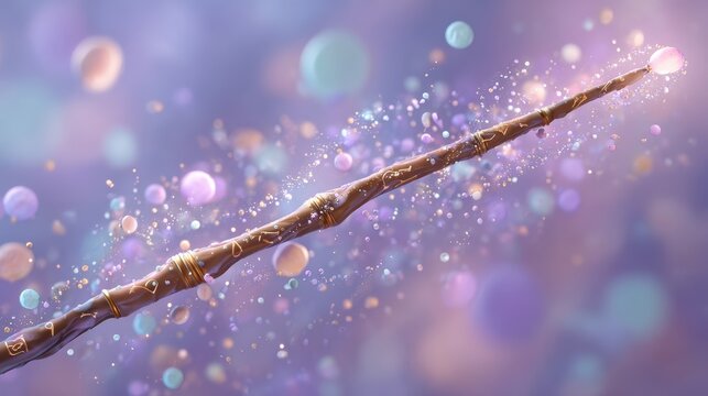 Floating Wooden Magic Wand Emitting Iridescent Glow and Sparkles