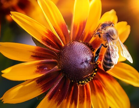 close up of bees sucking flower nectar western honey bees apis mellifera western honey bees sucking flower nectar bidens pilosa