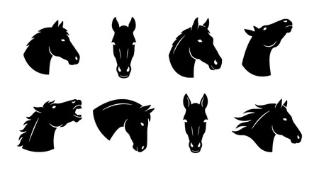 Set of 8 Horse Head Silhouettes, Equine Profile Views, Animal Icons, Black and White Vector Graphics for Equestrian Themes © Jeba