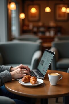 Manos tecleando en un port&aacute;til con un plato de pasteles cerca, ambiente acogedor de cafeter&iacute;a