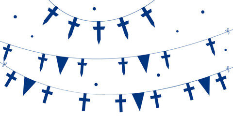 Naklejka premium Flag bunting garland with Finnish flags, pennants and confetti decoration. Festive Finland celebration concept for holiday invitation, event banner and national tradition design