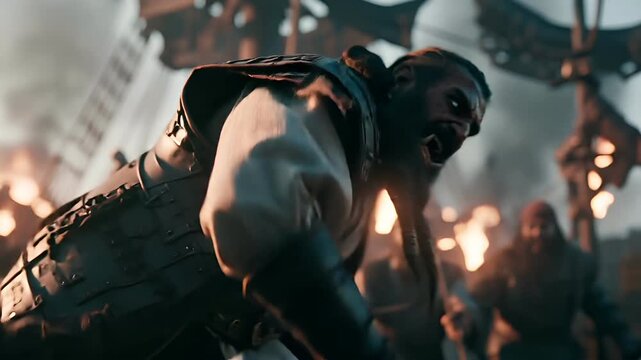 Europe medieval lifestyle. A dramatic, actionpacked scene features a menacing orc warrior in the foreground. He wields a long, curved sword with a sharp blade.
