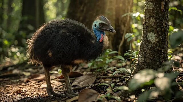 A cassowary bird in a lush tropical rainforest.
