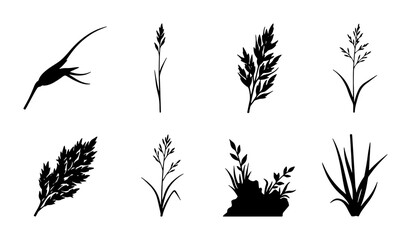 Black Silhouette Grass Elements, Wild Herb Sprigs, Meadow Plants Collection, Botanical Vector Graphics for Nature Design © Mehnaz