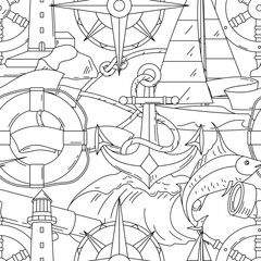 Nautical line symbols tile pattern. Travel and tourism background. Retro style conceptual illustration. © incomible