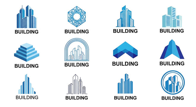Collection of blue isometric building and skyscraper logo icons with real estate building skyscraper architecture business construction corporate isometric collection property development