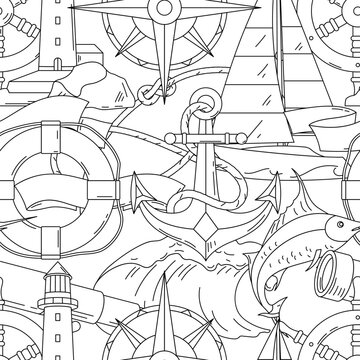 Nautical line symbols tile pattern. Travel and tourism background. Retro style conceptual illustration.