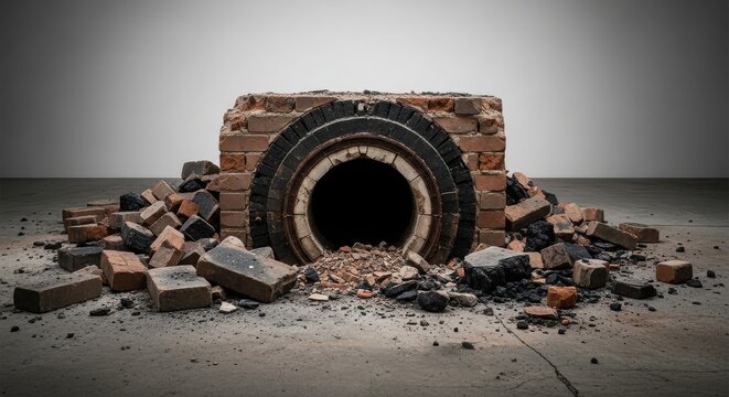 Old brick furnace or industrial kiln entrance with debris on concrete