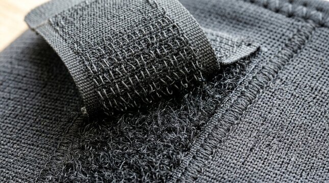 Close-up macro shot of dark grey fabric hook and loop fastener with visible threads and stitching