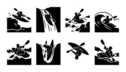 Kayaking Action Icons, White Water Rafting Vector Set, Extreme Sports Silhouette Collection, Adventure Water Activity Graphics © Mehnaz