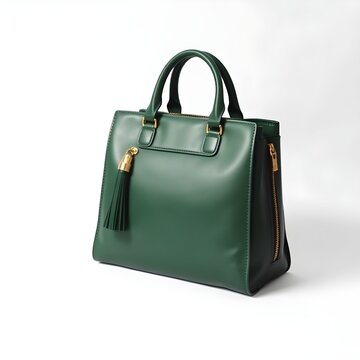A stylish green leather handbag with gold accents and tassel is displayed on a white background.