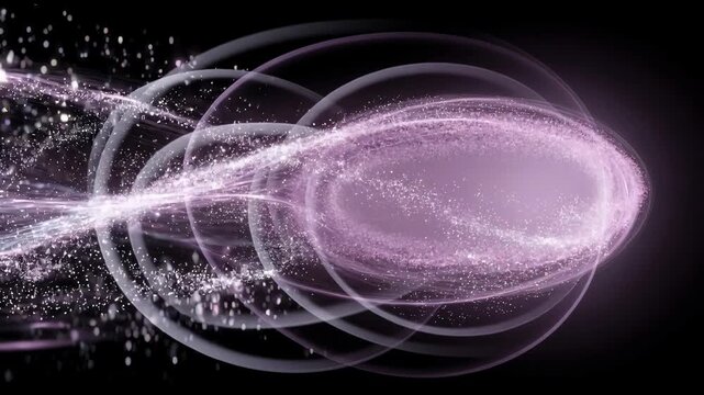 Seamless loop AI signal filtering particles, predictive market intelligence visualization.