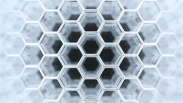 Transparent hexagonal grid structure with metallic edges on light background