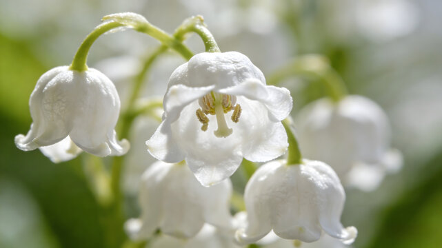 White lily of the valley flowers with dew on green stems