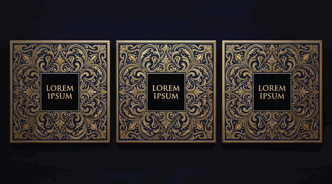 Set of three square frames with ornate vintage gold patterns on a dark background