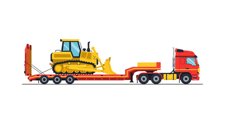 Obraz premium Heavy Haulage Truck Illustration: Red Semi-Truck Transporting Yellow Bulldozer on Low Loader Trailer Isolated on White