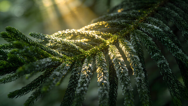 Frost-covered pine needles with golden backlight on blurred green background