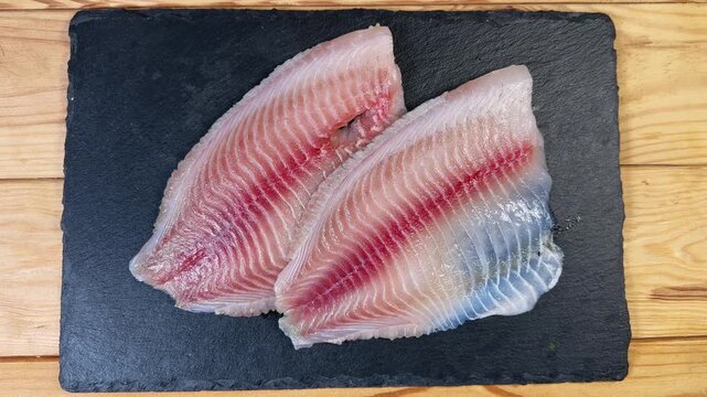 Two raw defrosted tilapia filet on black flat slate plate