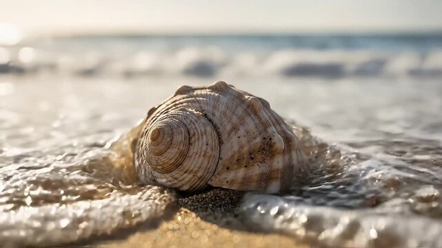 A seashell rests on a sandy beach with gentle ocean waves in the background.