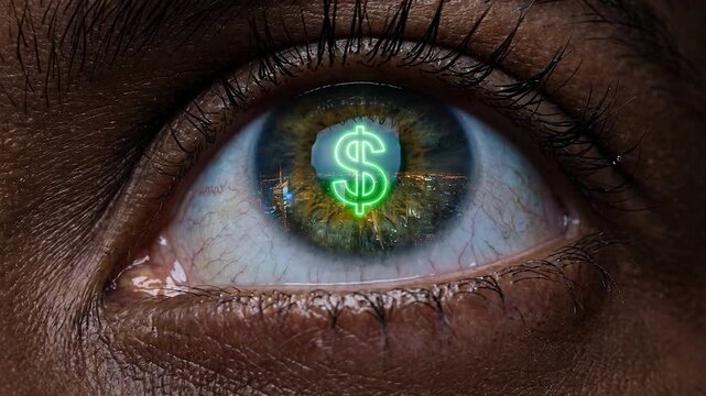 Human eye iris with glowing green dollar currency sign