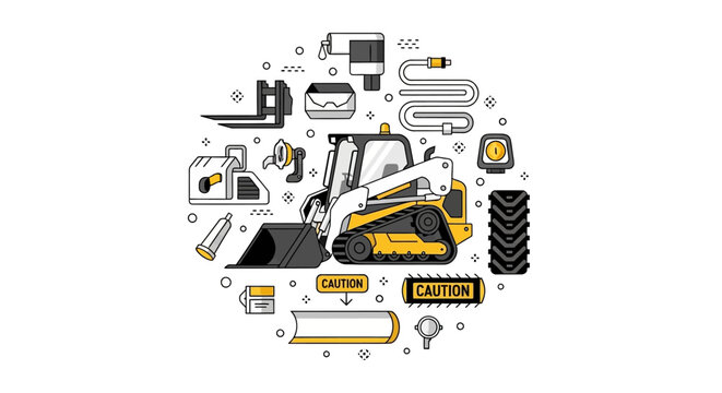 Compact Track Loader with Industrial Attachments and Spare Parts Illustration