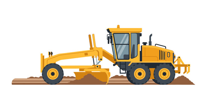 Industrial Yellow Motor Grader Heavy Machinery Vector Illustration for Road Construction and Earthmoving