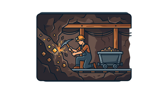 Worker mining gold with pickaxe and cart in underground tunnel