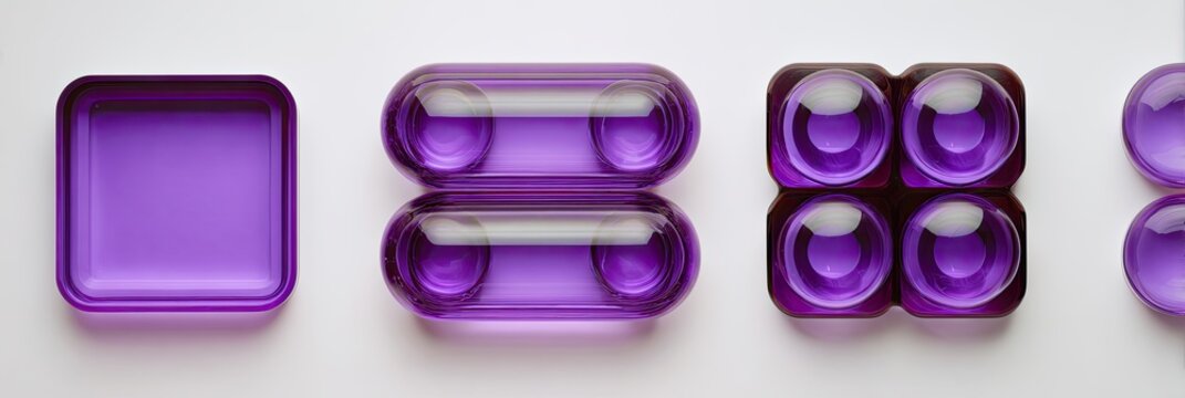 Various purple pills arranged in different formations on a white background.