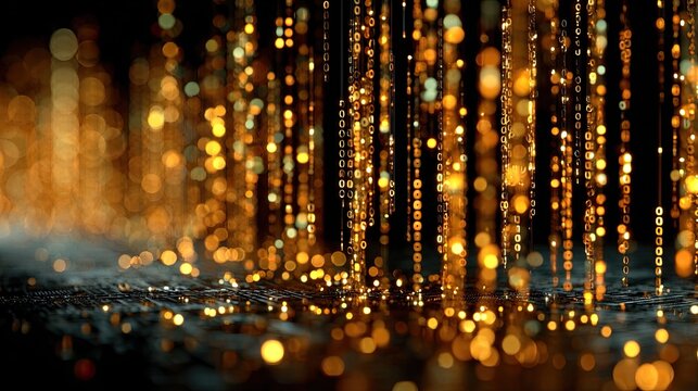 Abstract 3d render of digital data rain in neon gold, coding and financial tech, tech background, professional graphic resource, 8k quality render.