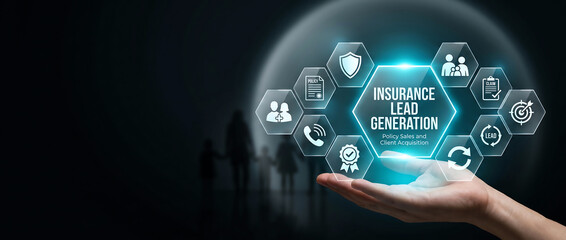Fototapeta premium Hand Holding Digital Insurance Lead Generation Interface with Glowing Hexagonal Icons on Dark Background