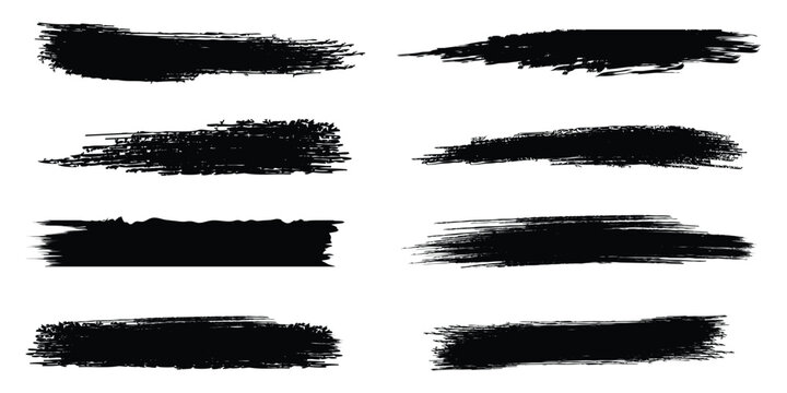 Black grunge brush stroke set. Hand painted ink line dividers and rough charcoal texture bars. Vector redacted text censorship pack.