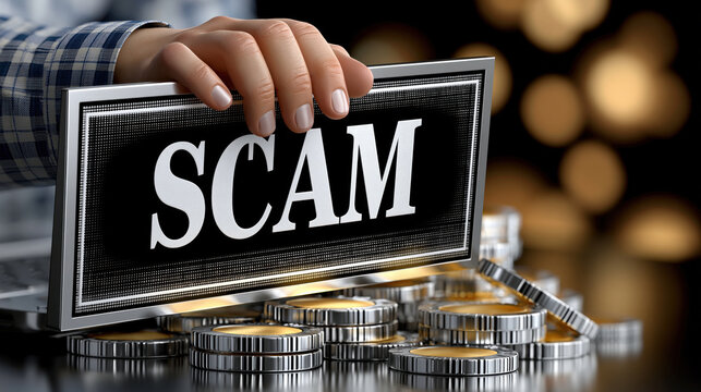 Scam fraud warning alert crime money coin hand risk danger security finance cyber online theft deception investment concept criminal corruption extortion bribery cash currency savings economy loss