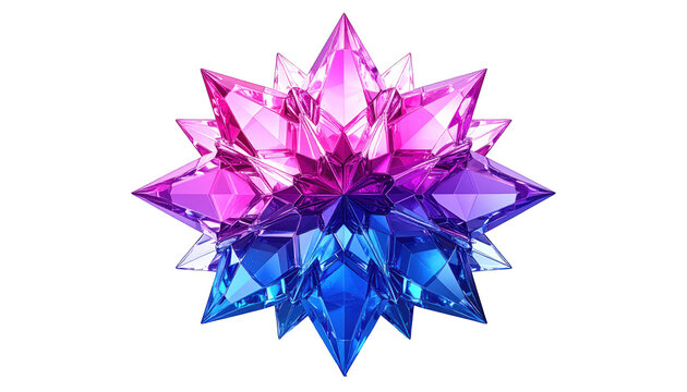 Vibrant 3D crystal star with pink and blue gradient facets isolated on white background, geometric gemstone snowflake design for digital decor