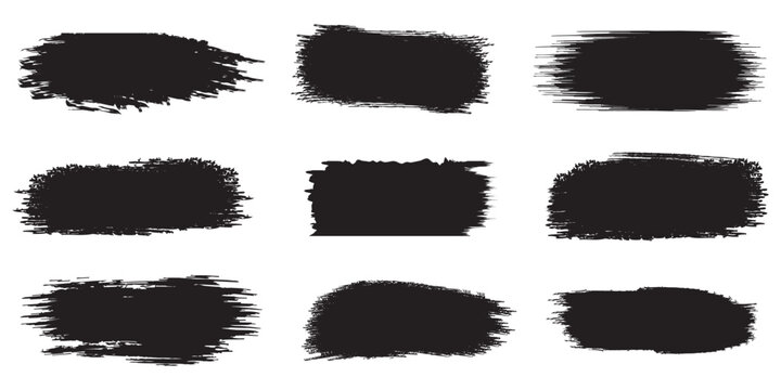 Black grunge brush stroke set. Thick ink paint swatches and rough textured background blocks. Vector redacted text censorship pack.