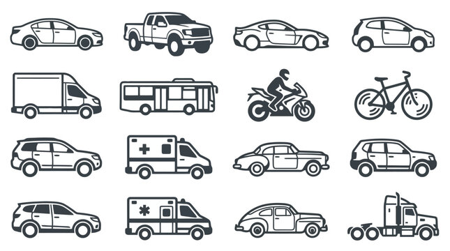Professional Monochrome Vehicle Graphics Collection with Sleek Car Truck Van and Motorcycle Designs in High Contrast Black and White Artwork for Commercial Branding and Custom Decals
