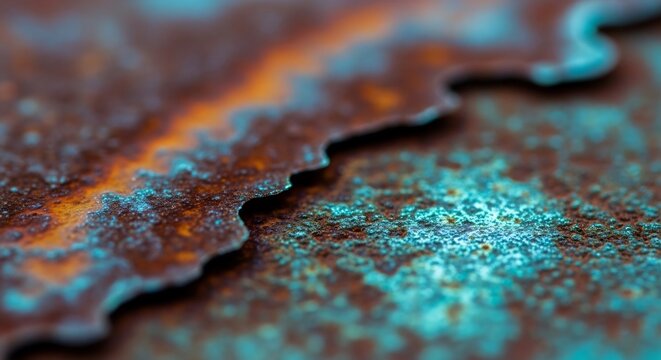 Closeup of rusty metal surface with vibrant blue and orange patina