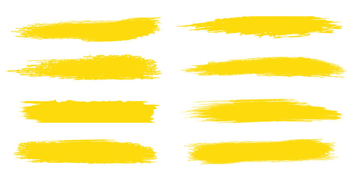 Yellow grunge brush stroke set. Hand painted highlighter underlines and rough paint line dividers. Vector texture marker pack.