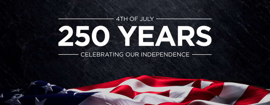 Close-Up of Unfurled American Flag with Commemorative Text for 4th of July Independence Day Celebration on Dark Background