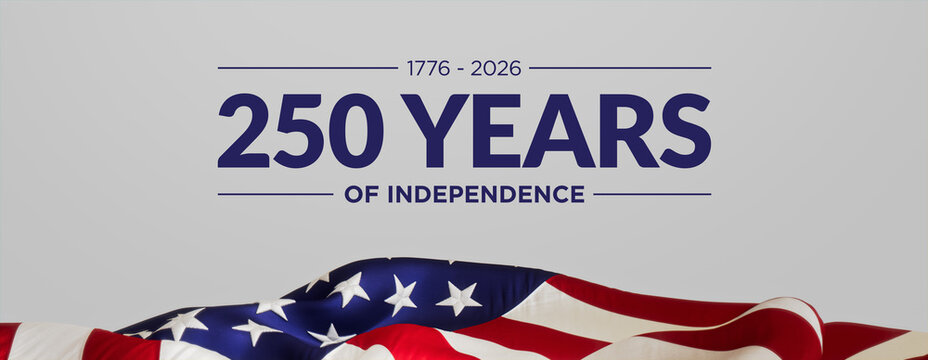 Close-Up of Waving American Flag with 1776 - 2026 Text Celebrating 250 Years of Independence on Neutral Gray Background