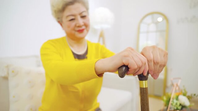 Cheerful old woman with walking gimp stick head lean on hand wearing casual outfit resting on cozy couch sofa, grandmother holding knob of cane, suffering from muscles problems, bones disease