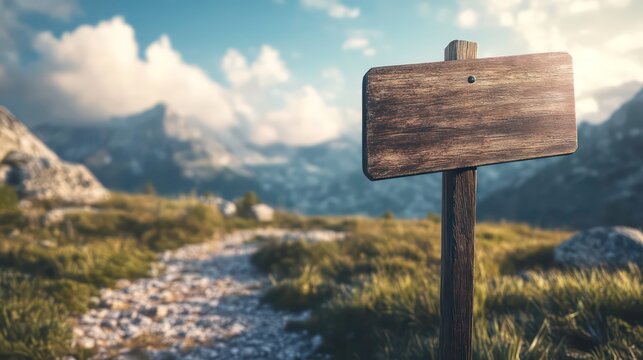 Wooden sign post isolated on village path with white clouds and mountain Direction concept. Mock up, template